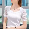 my-11134207-7rasa-mawpyavn6eqz11.webp Women Vneck French Style Puff Sleeve Tops Solid Color Short Sleeve T Shirts