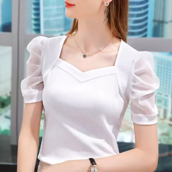 my-11134207-7rasa-mawpyavn6eqz11.webp Women Vneck French Style Puff Sleeve Tops Solid Color Short Sleeve T Shirts