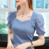 my-11134207-7rasd-mbrlgpyfzg1269.webp Women Vneck French Style Puff Sleeve Tops Solid Color Short Sleeve T Shirts
