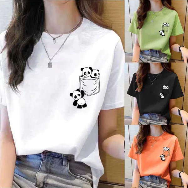 sg-11134201-22100-ced8iugj33iv58.webp TWomen Short Sleeve Top Summer New pocket panda Cartoon Printed Tshirt korean fashion women tops Loose round neck t shirt women