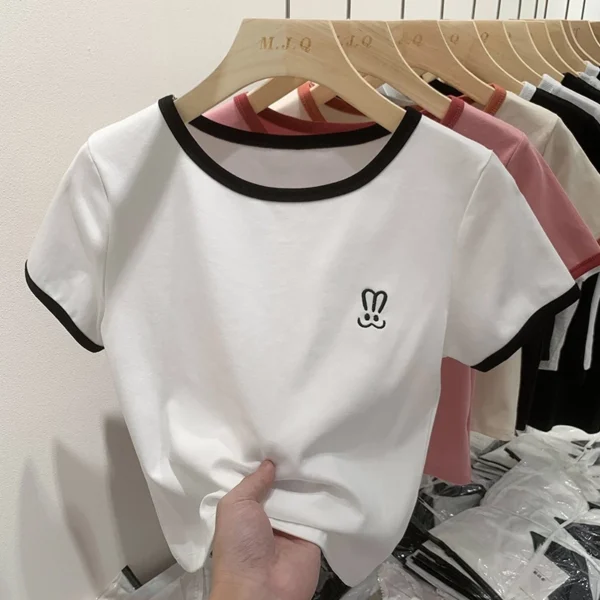 sg-11134201-7qvco-lh1t06r3ycaz6b.webp Summer womens Rabbit Embroidery pure cotton Tshirt short sleeve bump color crew neck