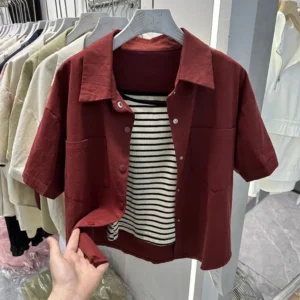 sg-11134201-7qvcy-lj7b0vtbc1hr75.webp Korean womens cotton short sleeve jacket solid color polo collar loose Single coat