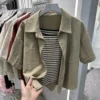 sg-11134201-7qvcz-lj7b0wbwjfnx8c.webp Korean womens cotton short sleeve jacket solid color polo collar loose Single coat