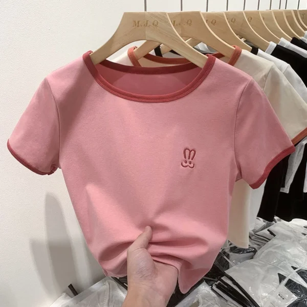 sg-11134201-7qvdn-lh1t04u0rg240b.webp Summer womens Rabbit Embroidery pure cotton Tshirt short sleeve bump color crew neck