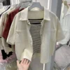 sg-11134201-7qvdo-lj7b12f3mnm502.webp Korean womens cotton short sleeve jacket solid color polo collar loose Single coat