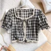 sg-11134201-7rbln-lnx2c1saui3i0b.webp French women bubble sleeve top lace edge color contrast short short sleeve