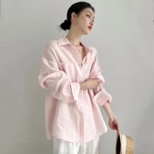 sg-11134201-7rdym-m12wd754zyot2a.webp Autumn Womens breathable linen shirt long sleeve folding neck loose sun protection top