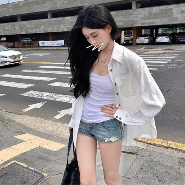 sg-11134201-7rdyu-lxzdmd8s9s2oc7.webp Korean style womens temperament white loose shirt long sleeve folding collar breathable sun protection