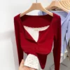 sg-11134201-7req6-m2rpkip3b7ra32.webp Spring and Autumn women floral fake two long sleeve Tshirt V neck lace fit