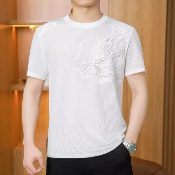 Summer Ice Silk Round Neck Short Sleeved Shirt Mens Bamboo Mesh Breathable Thin Half Sleeve Slim Fit Printed Quick Drying Top