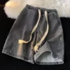 sg-11134201-8261v-mjwumb6fooas30.webp Drawstring Denim Shorts Men Summer Thin Style Street Wear Casual Middle Pants American Style Gray Straight Loose Large Size Fivepoint Pants