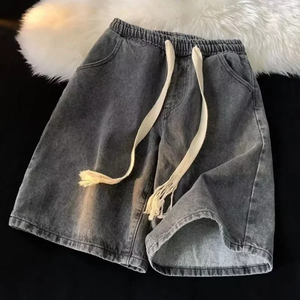 sg-11134201-8261v-mjwumb6fooas30.webp Drawstring Denim Shorts Men Summer Thin Style Street Wear Casual Middle Pants American Style Gray Straight Loose Large Size Fivepoint Pants