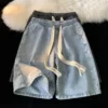 sg-11134201-82625-mjwumb7mlrer86.webp Drawstring Denim Shorts Men Summer Thin Style Street Wear Casual Middle Pants American Style Gray Straight Loose Large Size Fivepoint Pants